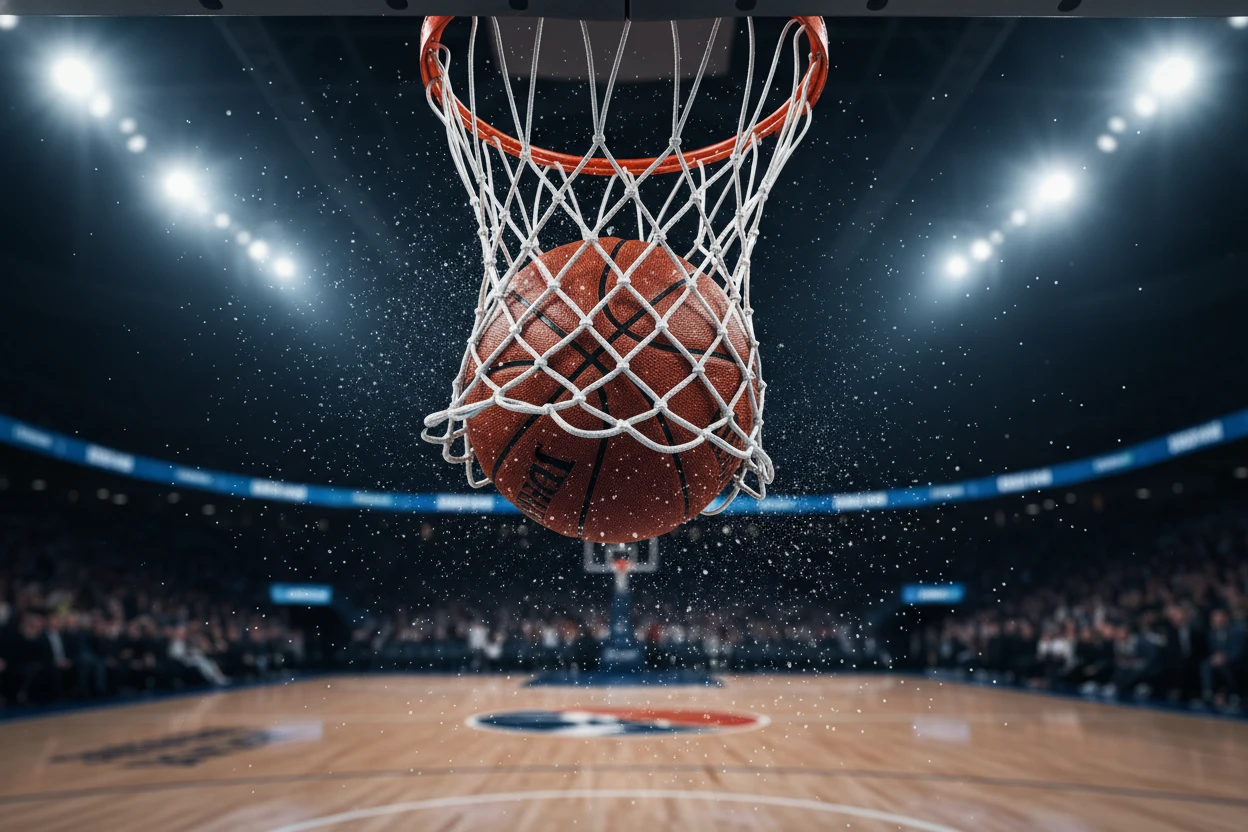 A basketball passing through a hoop net